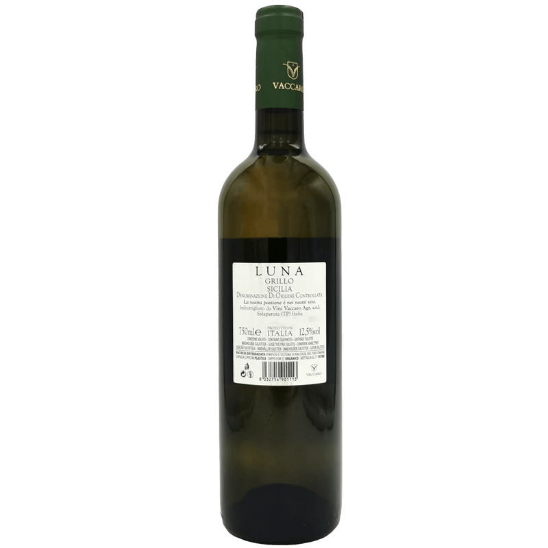 Bouteille de vin blanc sicilien Luna Grillo Vaccaro 75cl, étiquette détaillant les informations du produit.