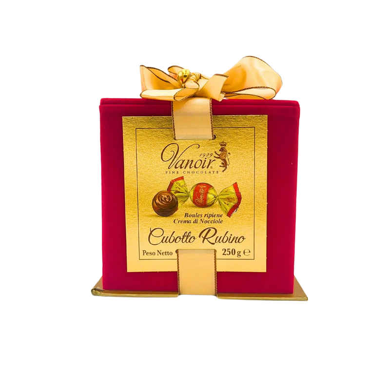 Boîte cadeau Cubotto Rubino Vanoir 250g vue de face, mettant en valeur le packaging raffiné et l'étiquette dorée.