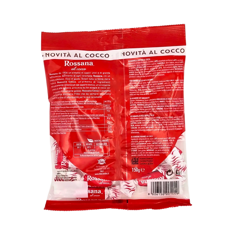Emballage arrière des Bonbons Noix de Coco Rossana 150g, avec informations nutritionnelles et ingrédients.
