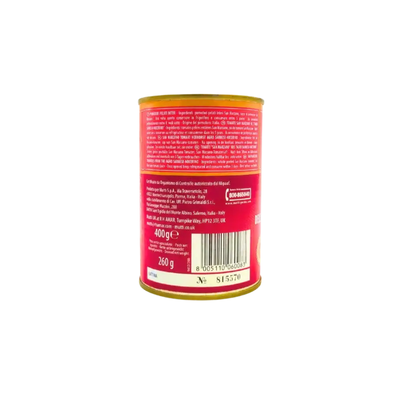 Vue du dos de la conserve de tomates pelées San Marzano DOP Mutti 400g, affichant informations nutritionnelles et détails du produit.