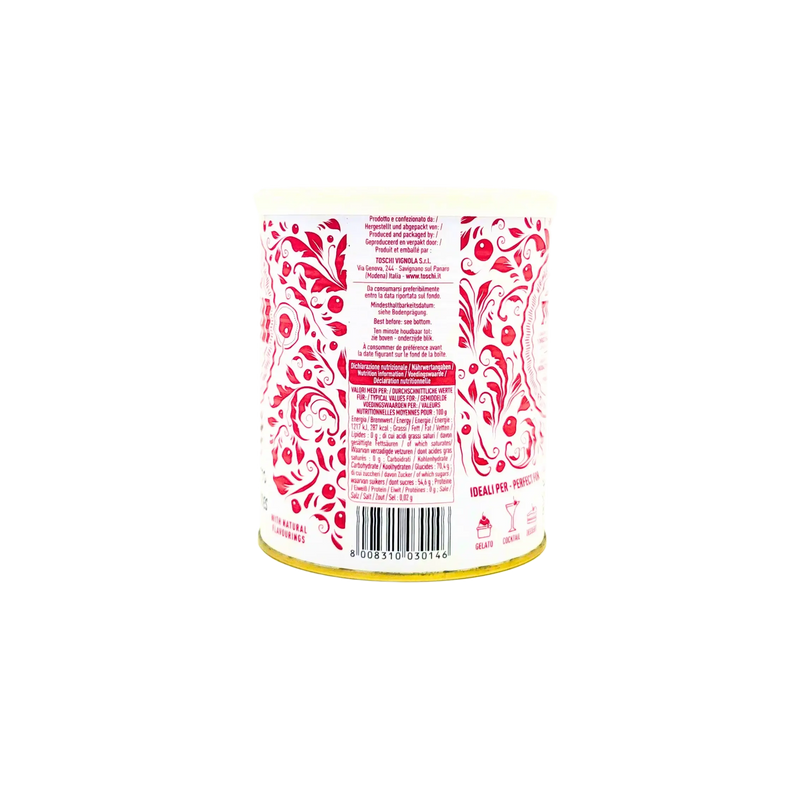 Arrière du pot d'Amarena Toschi avec des motifs floraux rouges et informations nutritionnelles.