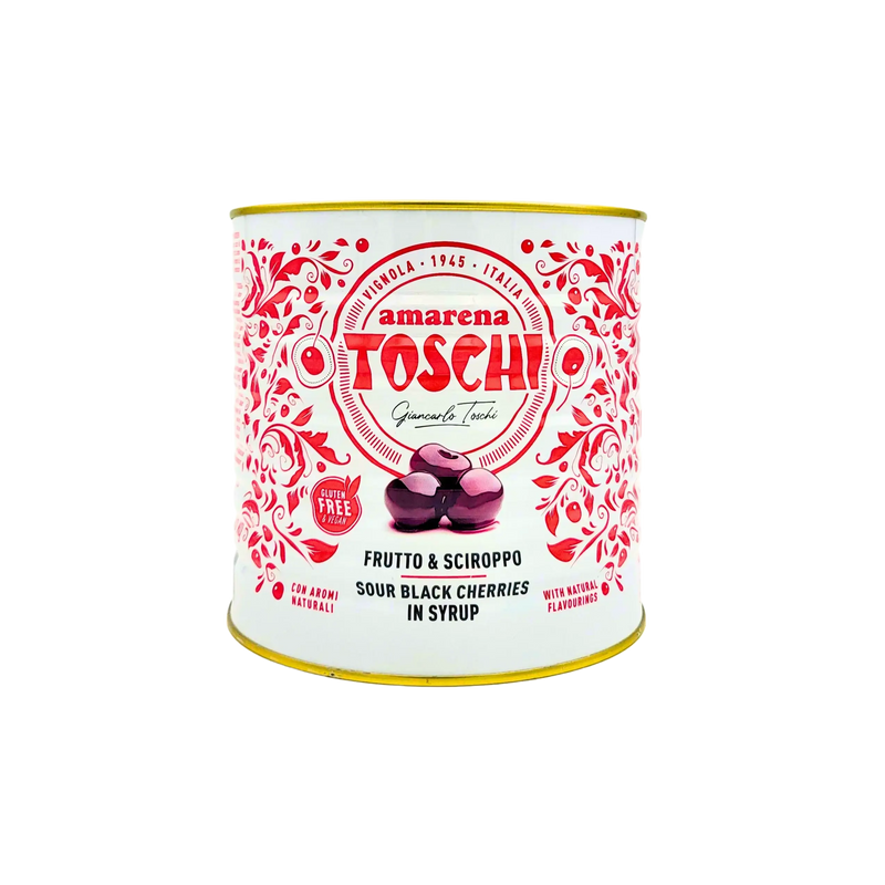 Boîte de cerises Amarena Toschi au sirop, format familial 2,7 kg, idéale pour les desserts gourmands.