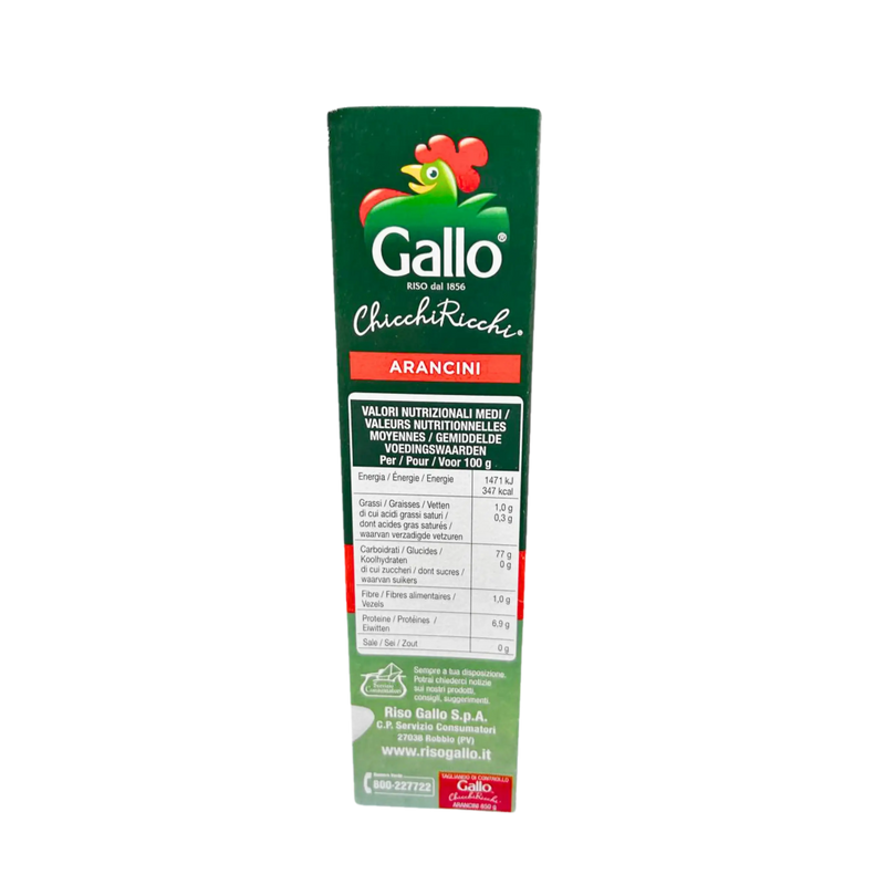 Côté nutritionnel des Arancini Gallo Chicchiricchi affichant les valeurs nutritionnelles et les informations diététiques.