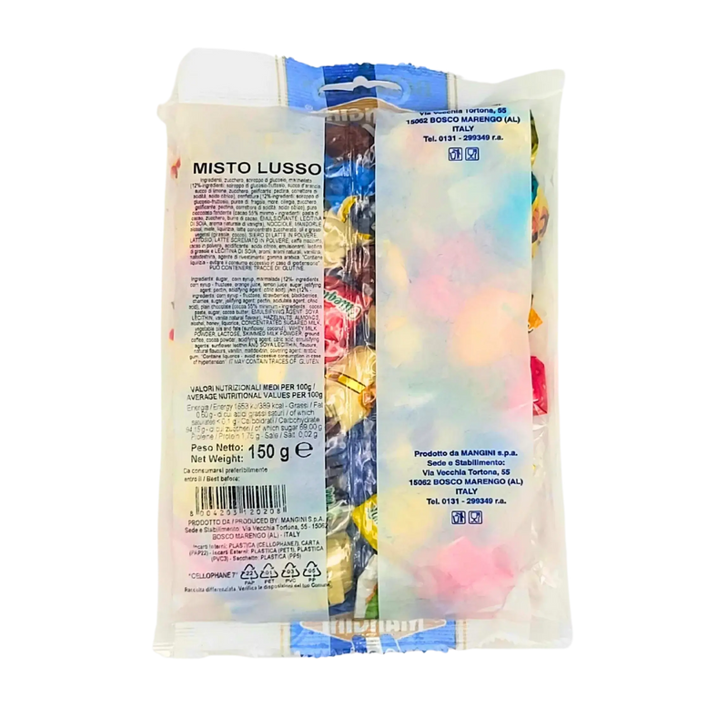 Face arrière du sachet de bonbons assortis Caramelle & Bonbons Mangini 150g, avec détails nutritionnels et informations sur le produit.