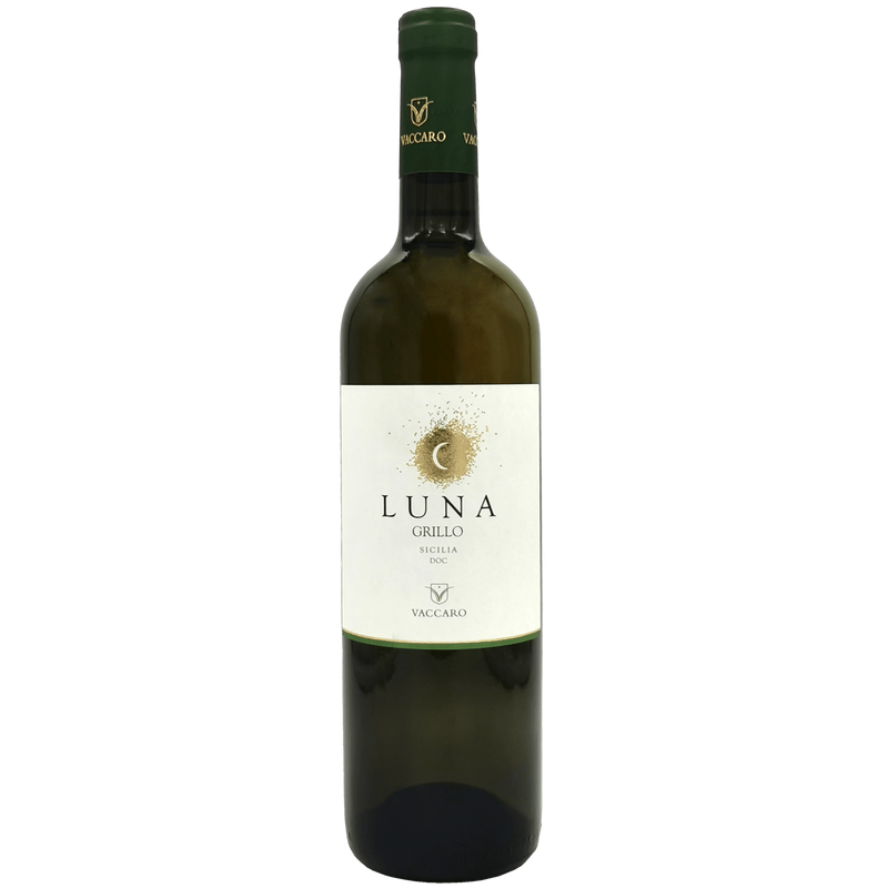 Bouteille de vin blanc Luna Grillo Sicilia DOC 75cl de Vaccaro, avec étiquette élégante et couleur claire.