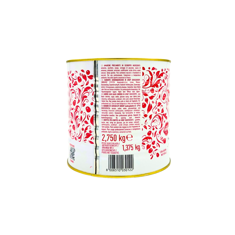 Boîte de cerises Amarena Toschi avec un design décoratif et des détails sur le produit, format 2,75 kg.