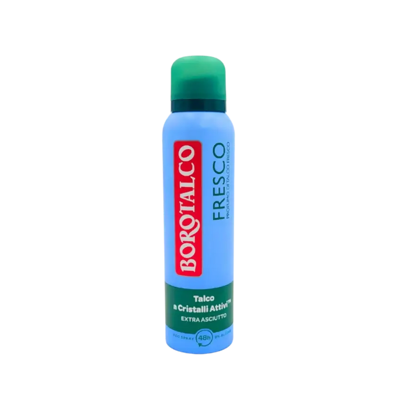 Vue avant du déodorant spray Borotalco Talco Cristalli Attivi 48h sans alcool – 150 ml