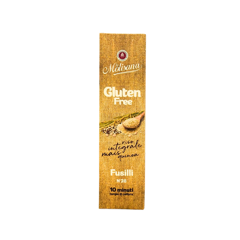 Côté de l'emballage des fusilli sans gluten La Molisana, mentionnant la cuisson en 10 minutes.