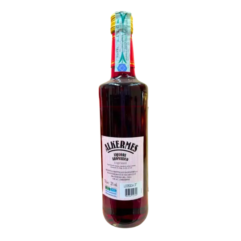 Dos de la bouteille de liqueur Alkermes italienne Dilmoor 70cl, avec étiquette précisant les ingrédients et la destination pâtissière, idéale pour parfumer les gâteaux, macarons et glaces maison.