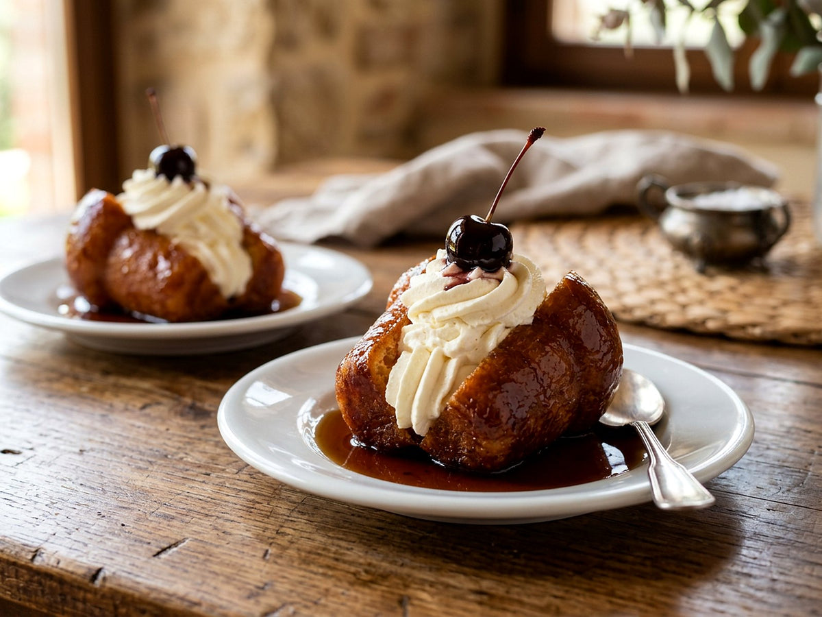 Babas au rhum, chantilly à l'amande et cerises amarena