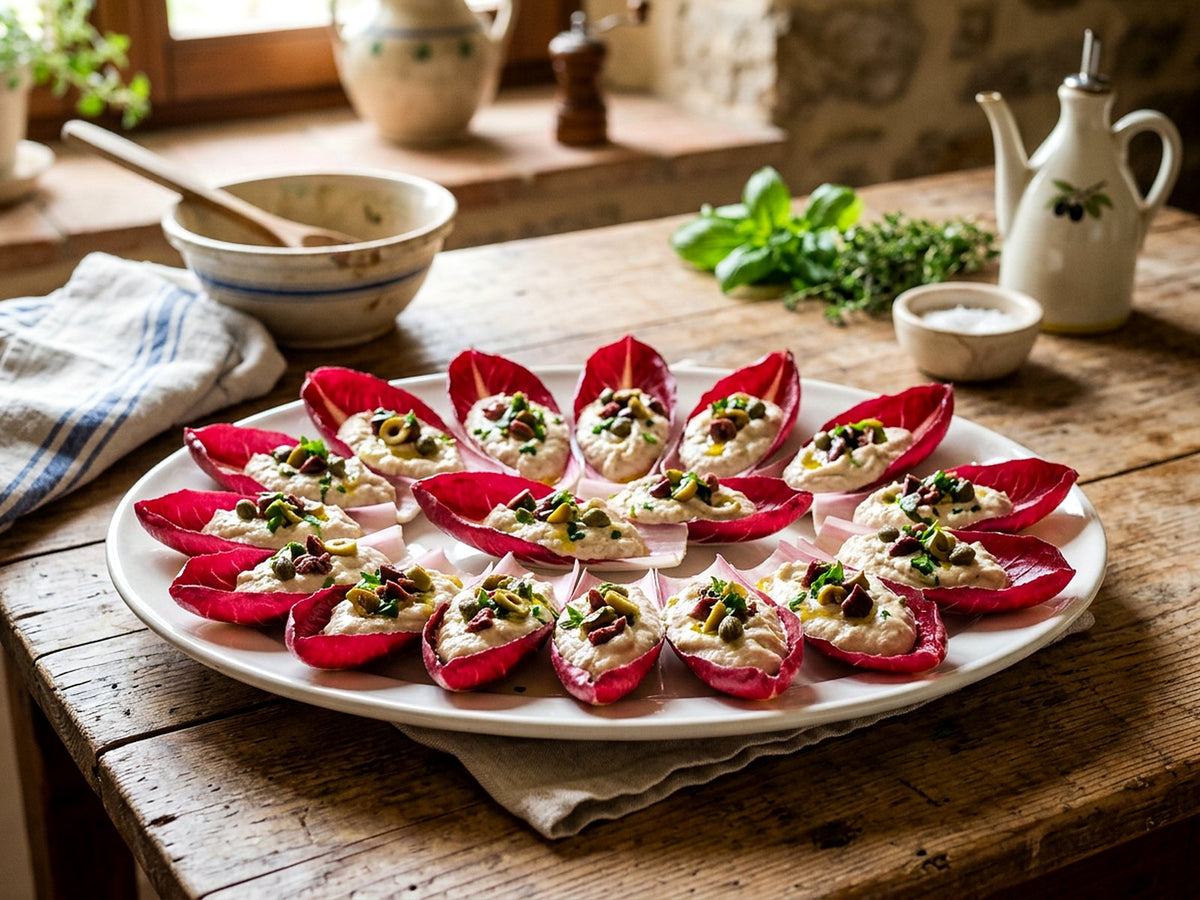 Barquettes de trévise à la mousse de thon, câpres et olives