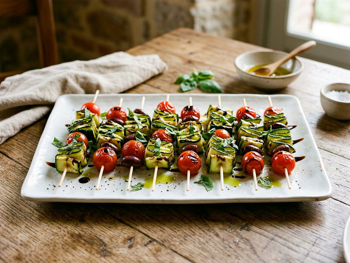 Brochettes de courgettes grillées, tomates cerises et olives au balsamique