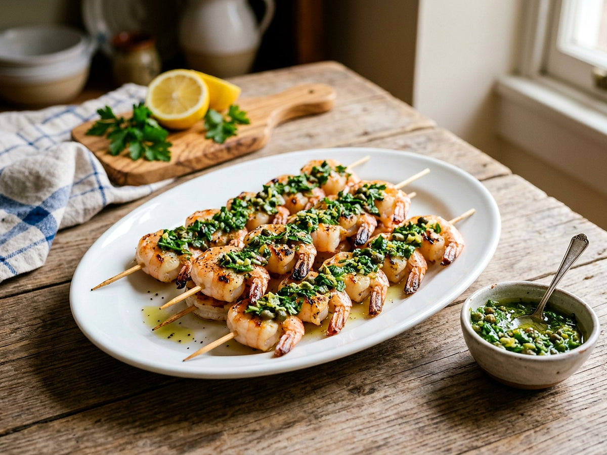 Brochettes de crevettes, salsa verde aux câpres et aux anchois