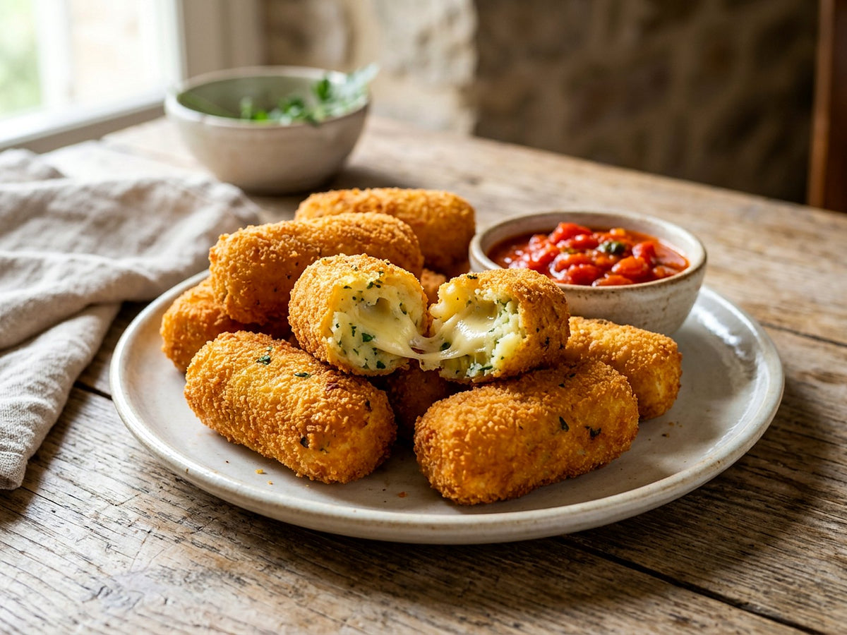 Croquettes de pommes de terre en croûte de gressins, cœur de scamorza