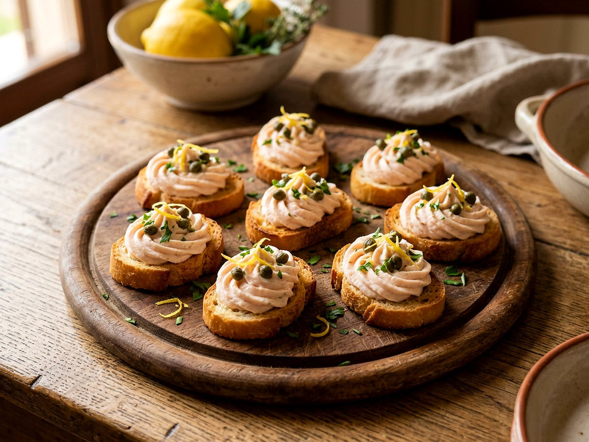 Crostini à la mousse de saumon fumé, ricotta au citron et câpres