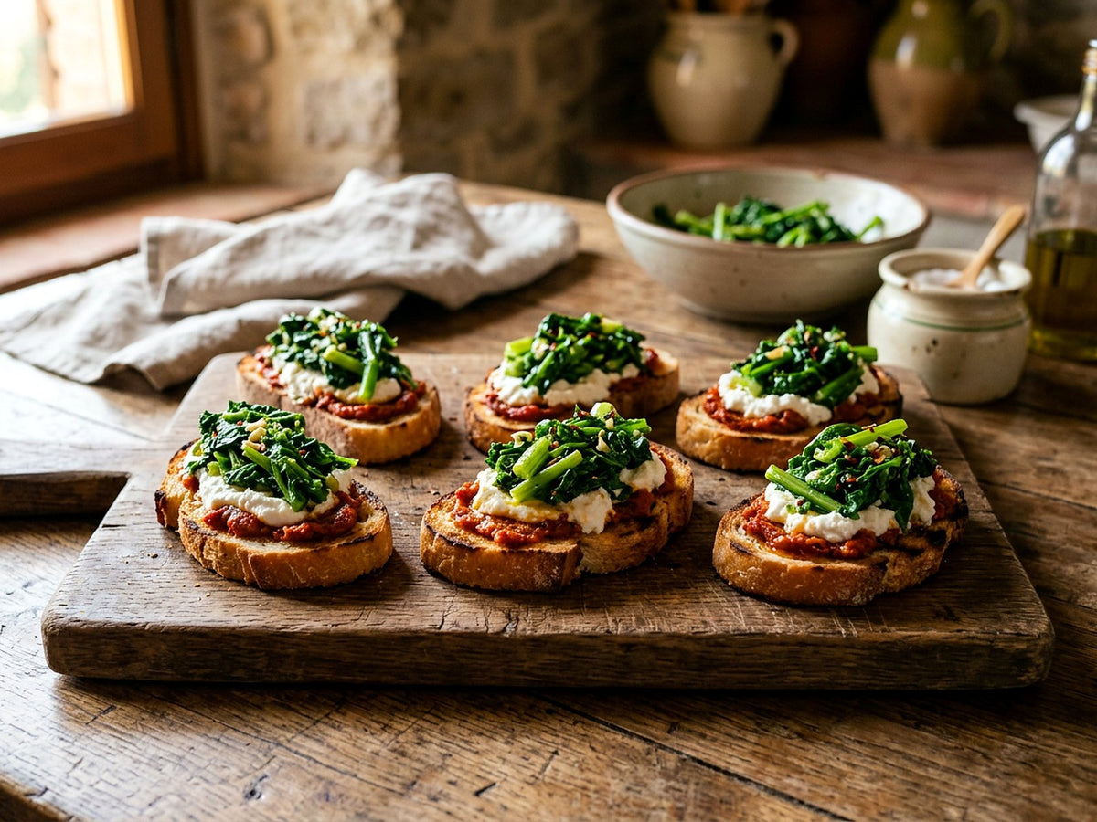 Crostini à la nduja, ricotta fraîche et friarielli