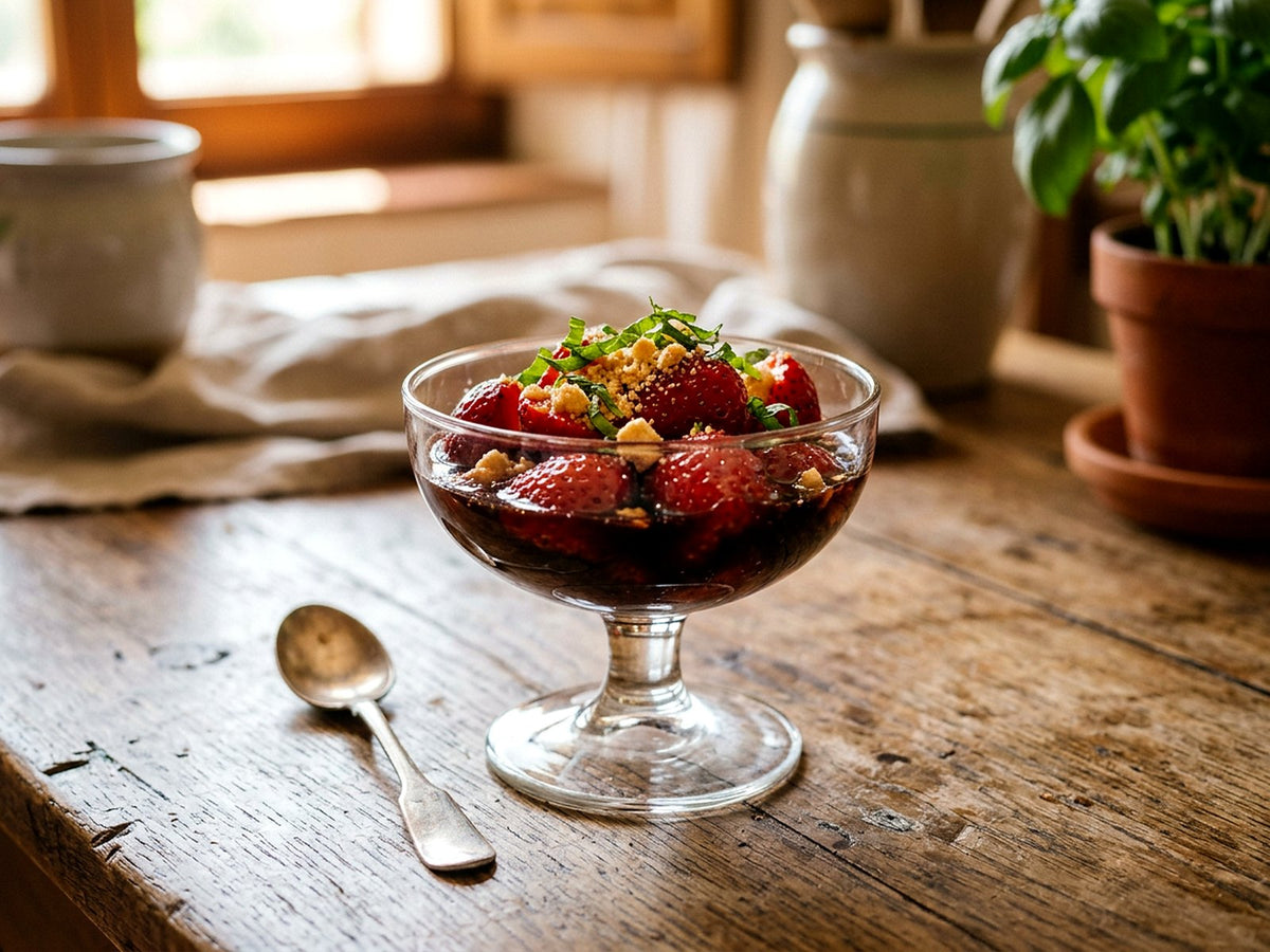 Fraises au vinaigre balsamique et éclats d'amaretti