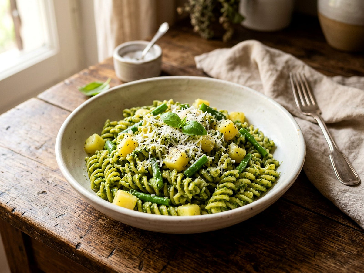 Fusilli de maïs et riz au pesto, pommes de terre et haricots verts