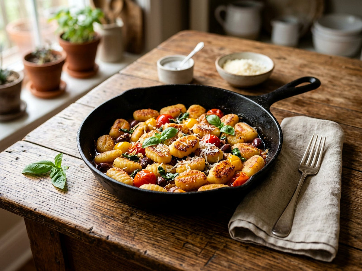 Gnocchi dorés à la poêle, tomates cerises et olives
