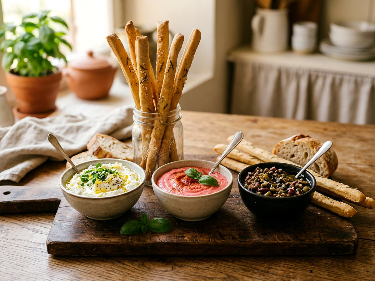 Gressins aux trois trempettes : ricotta au citron, poivrons grillés et olivade