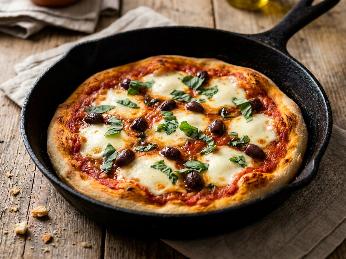 Pizza à la poêle, tomate, mozzarella et olives