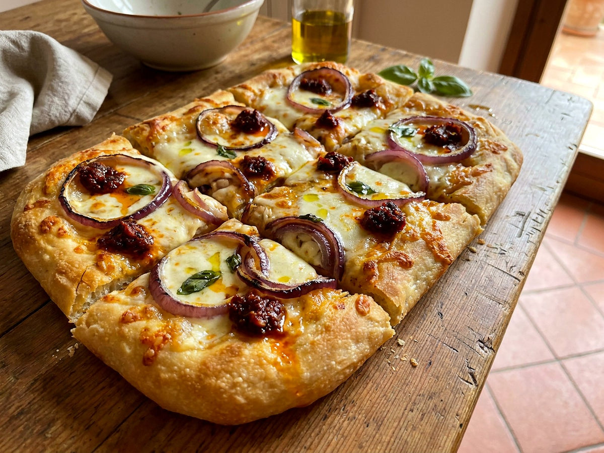 Pizza en plaque à la 'nduja et à l'oignon rouge