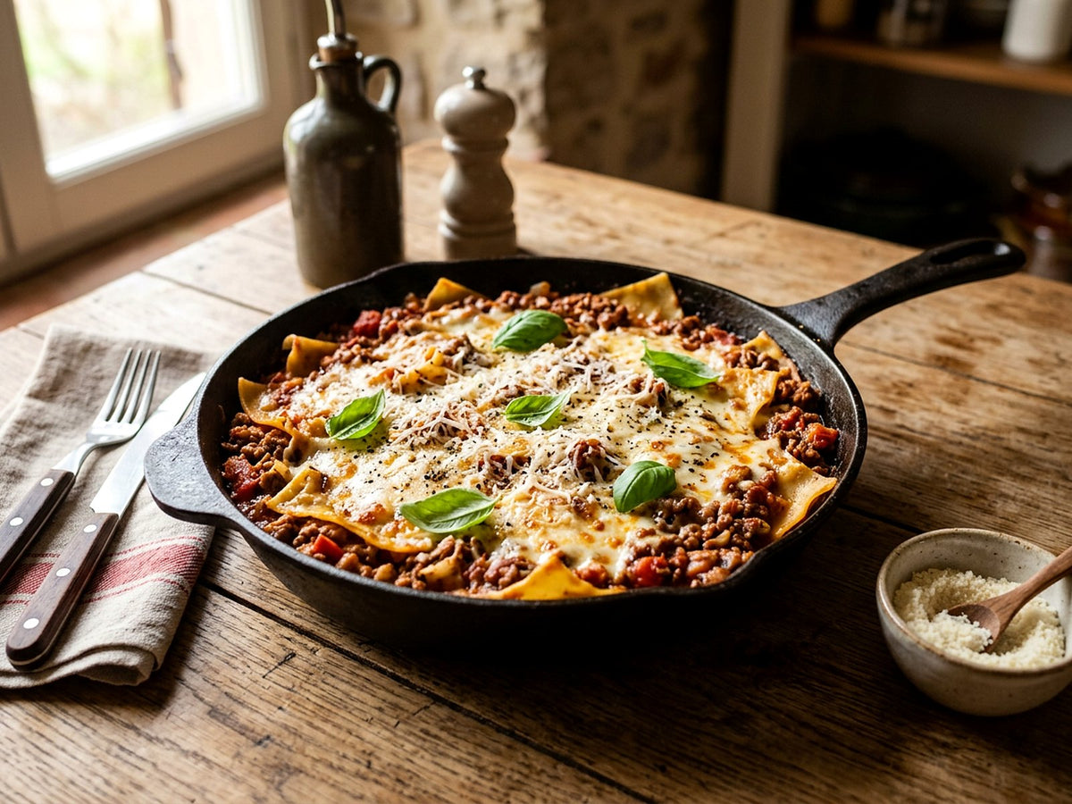 Lasagnes à la poêle, sauce bolognaise et mozzarella