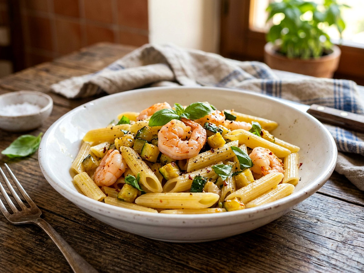 Mezze penne aux crevettes et courgettes