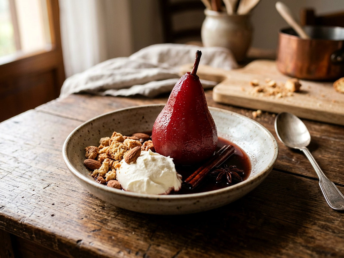 Poires pochées au vin rouge, crème à l'amaretto et cantuccini