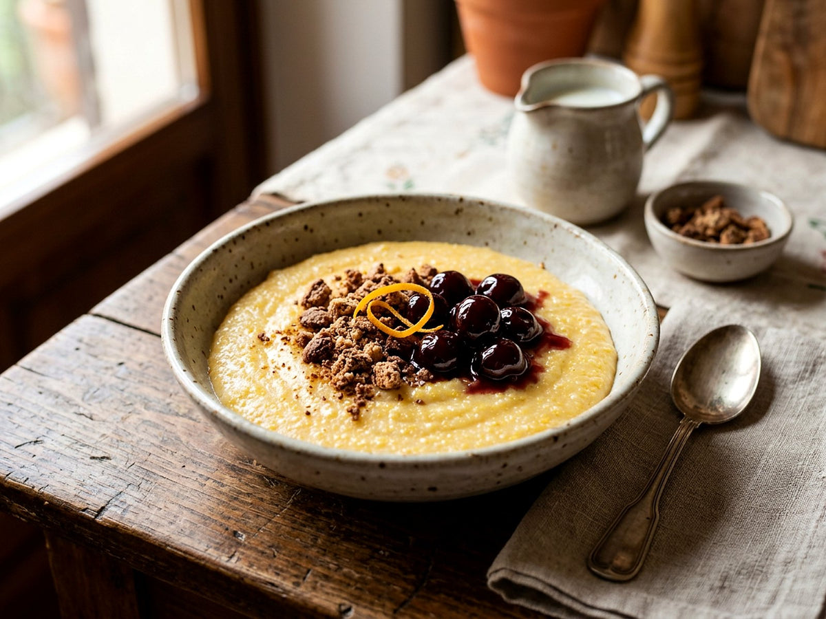 Polenta douce au lait, miel et cerises amarena