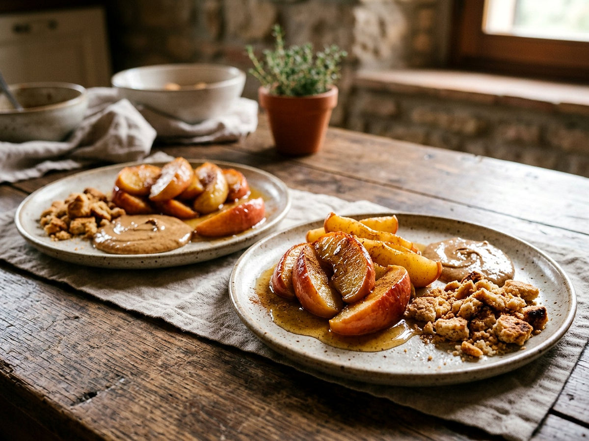 Pommes poêlées à l'huile d'olive et au miel, biscuits émiettés