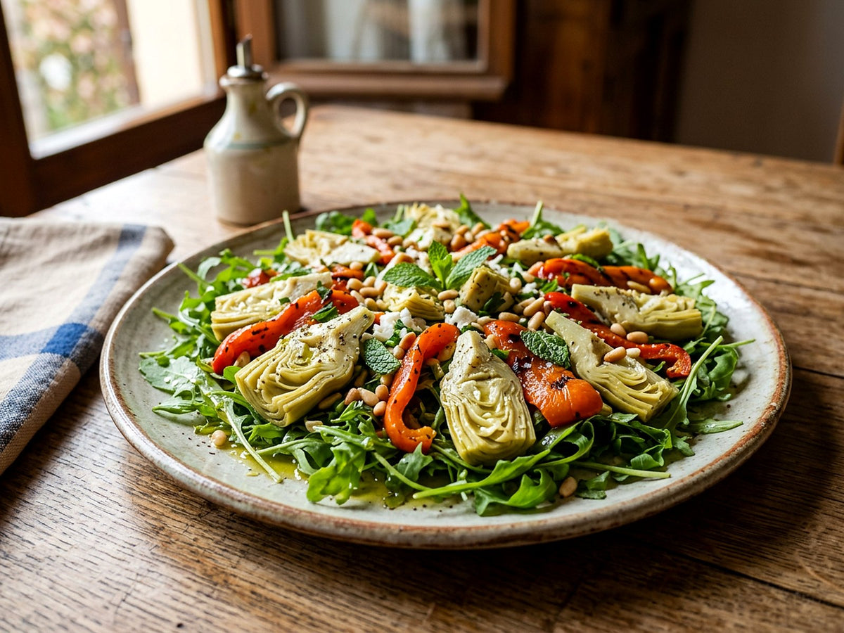 Salade d'artichauts à la romaine, poivrons grillés et roquette
