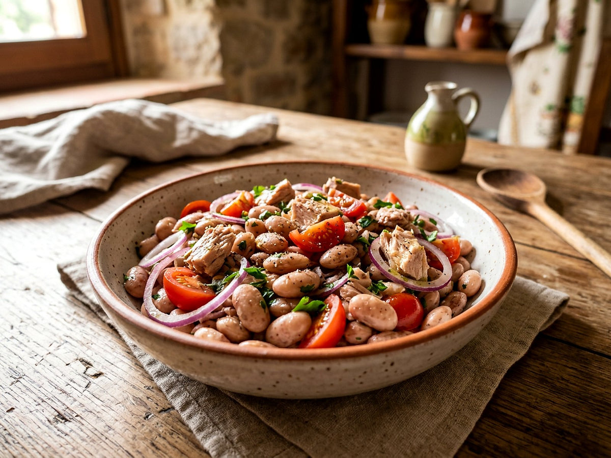 Salade de borlotti au thon, oignon rouge et persil