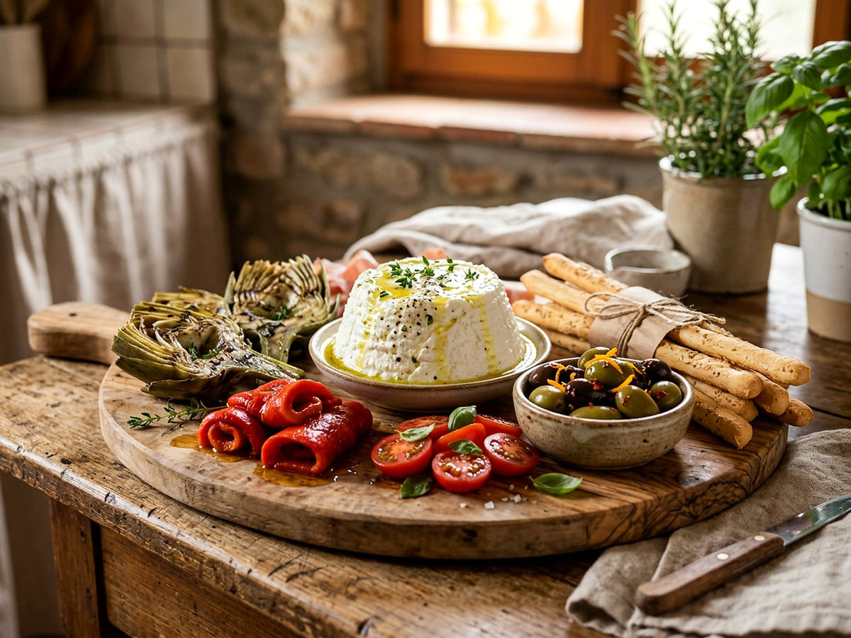 Tagliere de légumes à l'huile, ricotta au thym et olives marinées