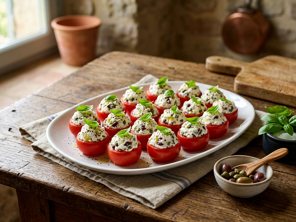 Tomates cerises farcies à la ricotta, aux olives et aux câpres