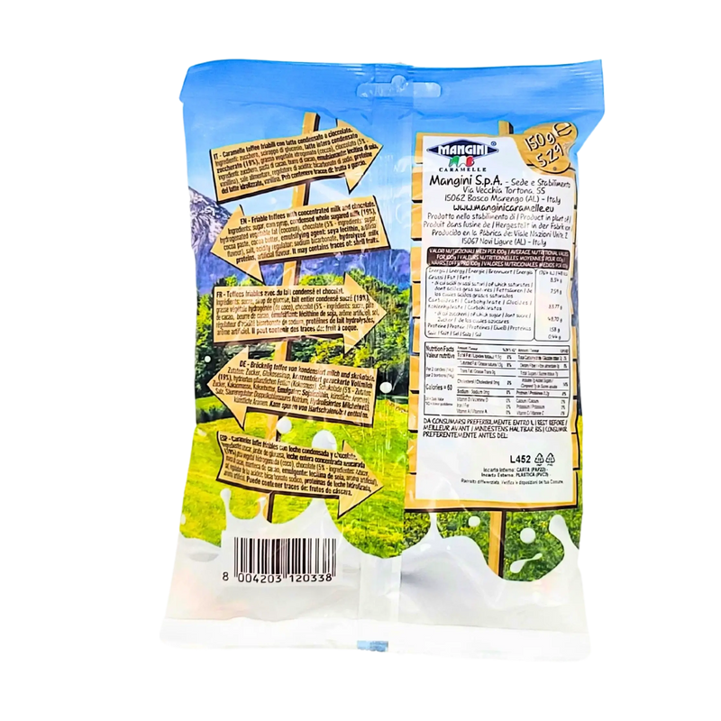 Image de l'arrière du sachet de Toffee Milk Chocolate Mangini 150g avec informations nutritionnelles et description du produit.