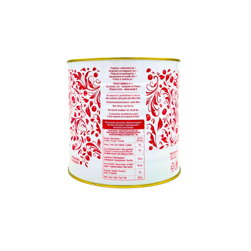 Boîte de cerises Amarena Toschi au sirop, design coloré, informations nutritionnelles au dos, format familial de 2,7 kg.