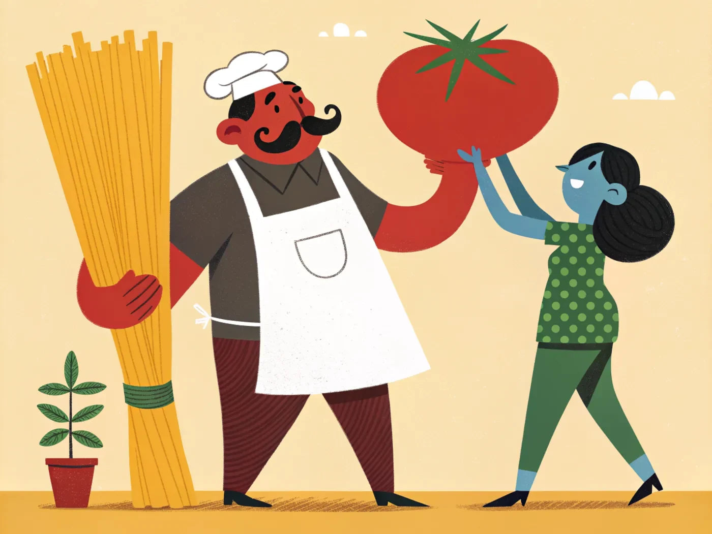 Der Feinkosthändler mit Schnurrbart trägt eine riesige Tomate, eine Kundin hält ein Bund Spaghetti