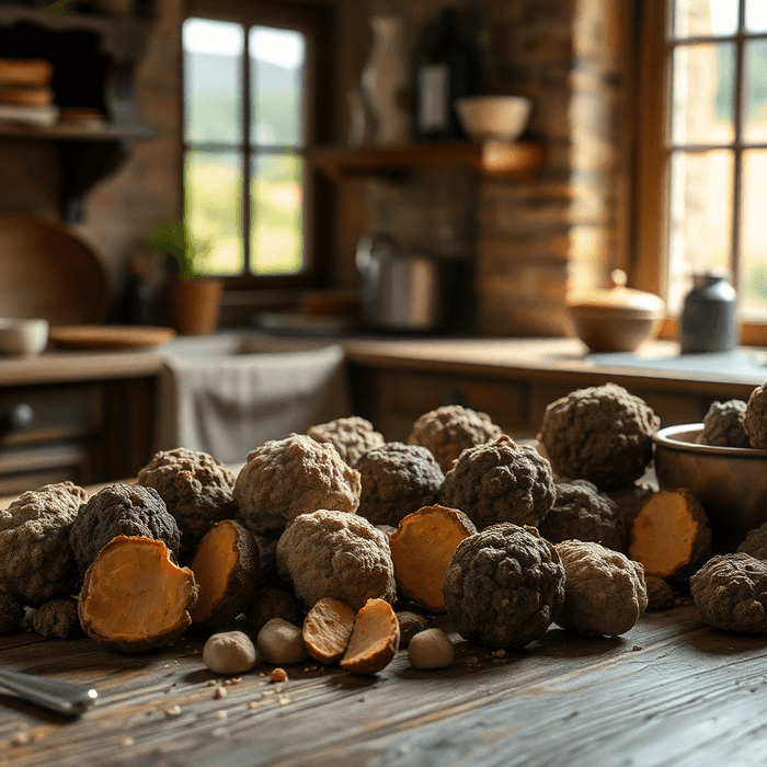 Truffes fraîches disposées sur une table rustique dans une cuisine traditionnelle, illustrant la qualité et la rareté des différentes variétés de truffes.