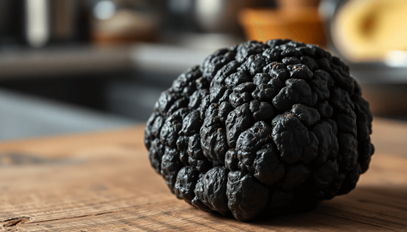 Truffe noire fraîche posée sur un plan de travail en cuisine