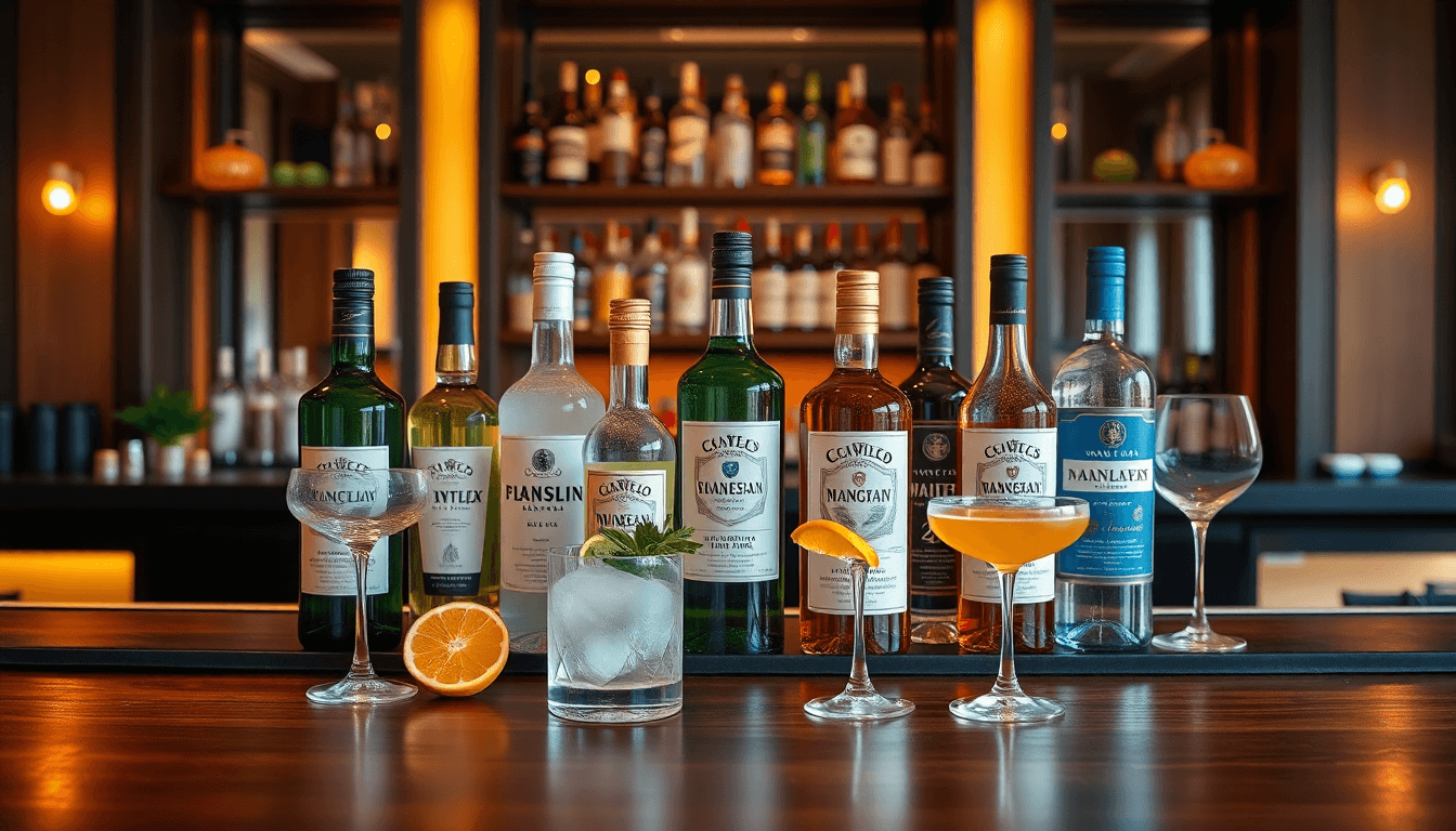 Sélection de spiritueux italiens sans alcool présentés sur un bar élégant, avec cocktails colorés et agrumes frais — la tendance mixologie signée EasyGusto.