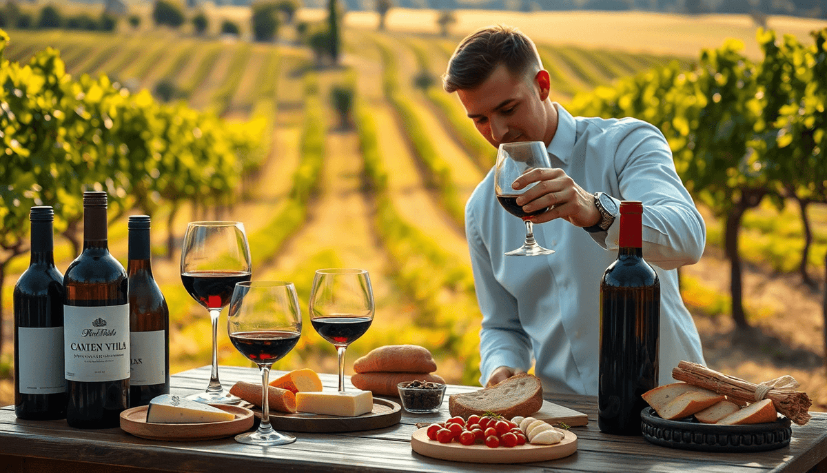 Dégustation de vins italiens – verres de Barolo et Chianti sur une table rustique avec antipasti, illustrant l’art de vivre et la gastronomie italienne.