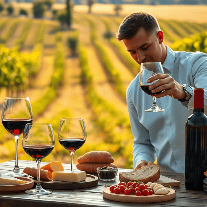 Dégustation de vins italiens – verres de Barolo et Chianti sur une table rustique avec antipasti, illustrant l’art de vivre et la gastronomie italienne.