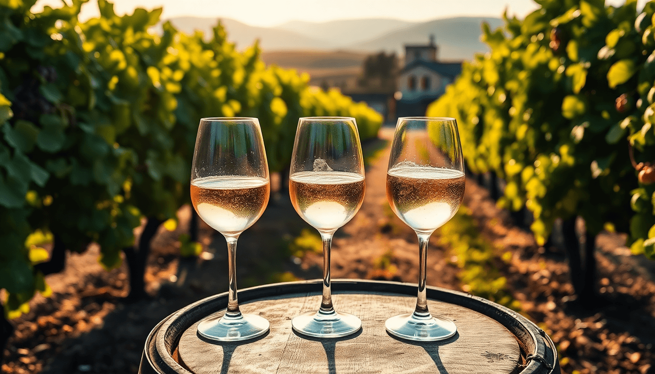 Trois verres de vins pétillants italiens posés sur un tonneau au milieu des vignes au coucher du soleil.