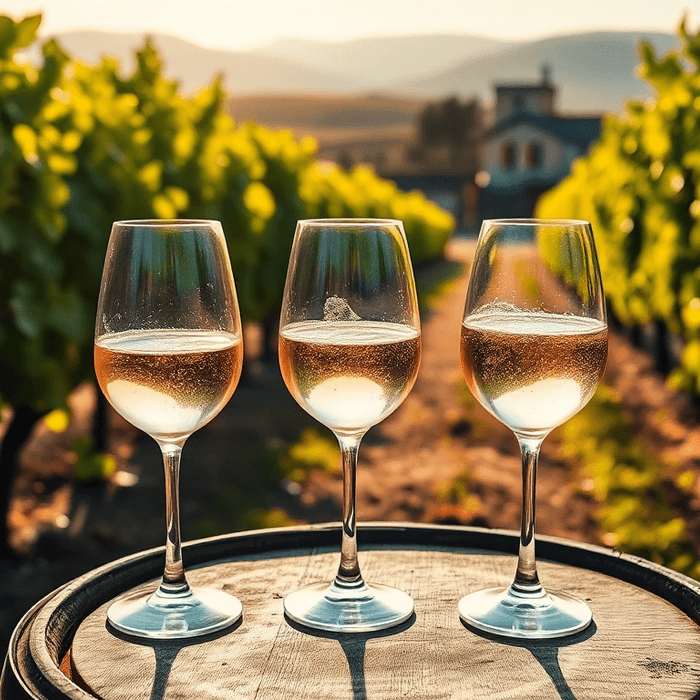 Trois verres de vins pétillants italiens posés sur un tonneau au milieu des vignes au coucher du soleil.