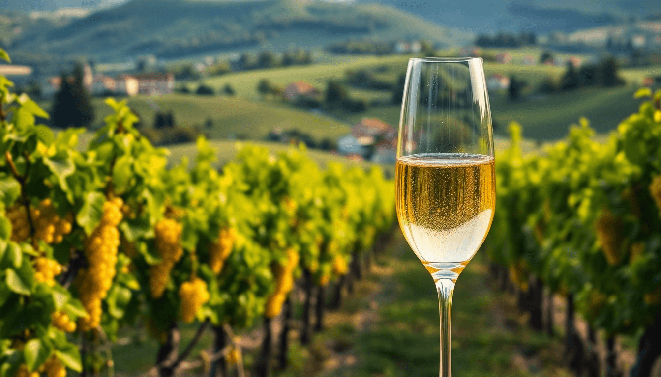 Flûte de Moscato d’Asti doré au cœur des vignes du Piémont, éclairée par la lumière naturelle, avec des grappes de raisin mûr en arrière-plan.