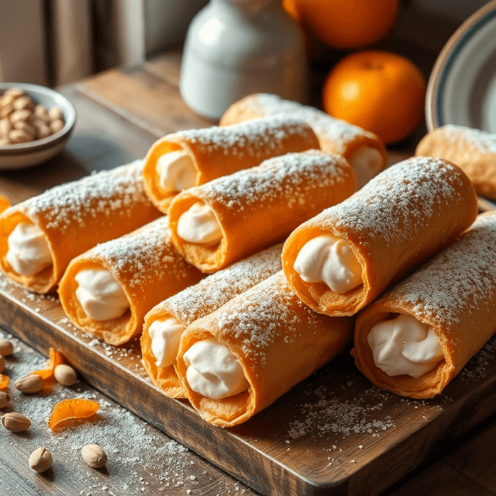 Cannoli siciliens traditionnels garnis de crème à la ricotta et saupoudrés de sucre glace, servis sur une assiette blanche dans un style artisanal.