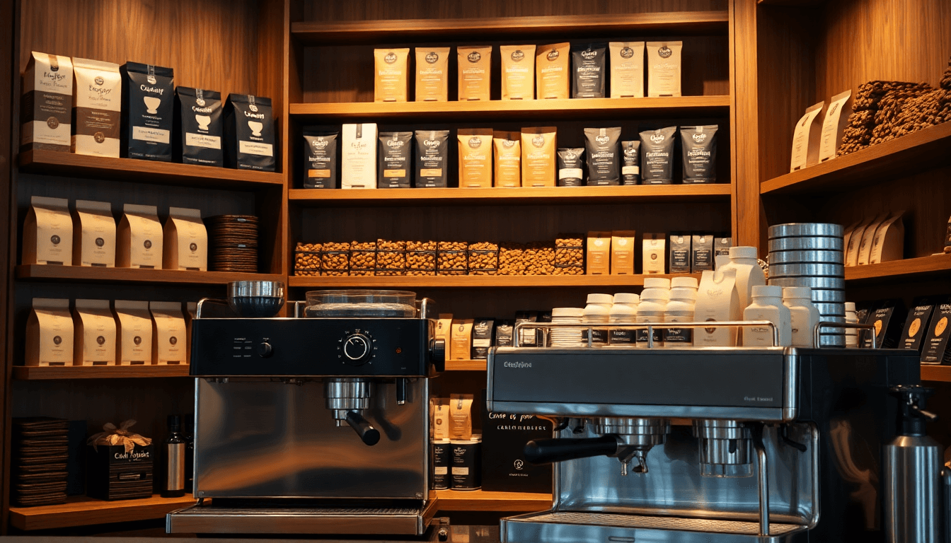 Machines à café professionnelles et étagères remplies de paquets de café en grain, illustrant les meilleures marques pour machine à grain.