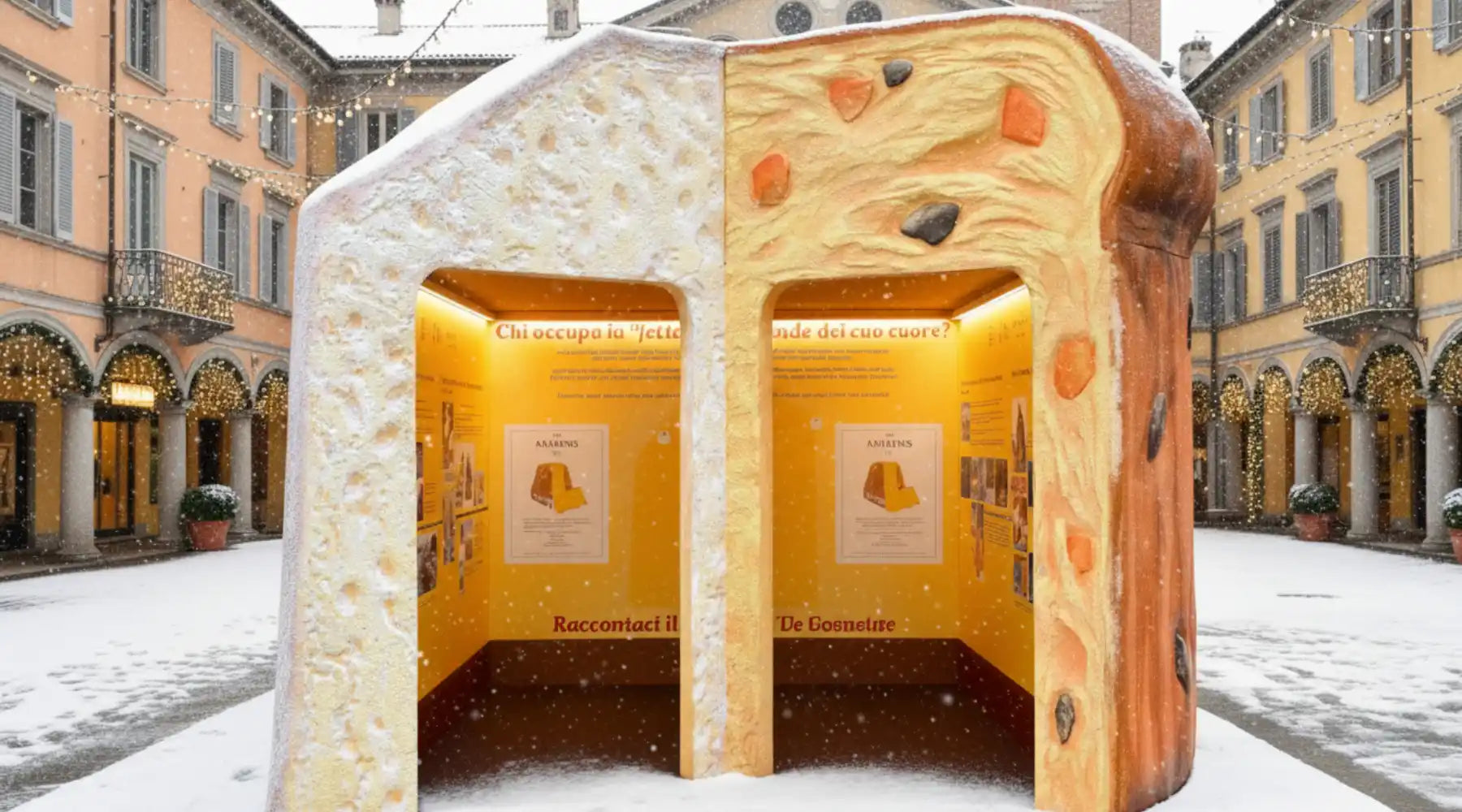 Installation festive représentant un panettone et un pandoro géants dans une place décorée pour Noël.