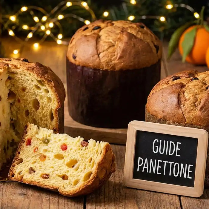 Panettone italien artisanal coupé avec mie filante et fruits confits, posé sur une table en bois avec décorations de Noël et pancarte indiquant Guide Panettone.